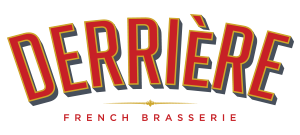 derriere in big red font French brasserie in small red font beneath