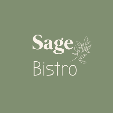 white print sage bistro logo next to leaves on green background