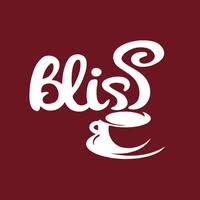 bliss café logo with coffee cup on maroon background and white print