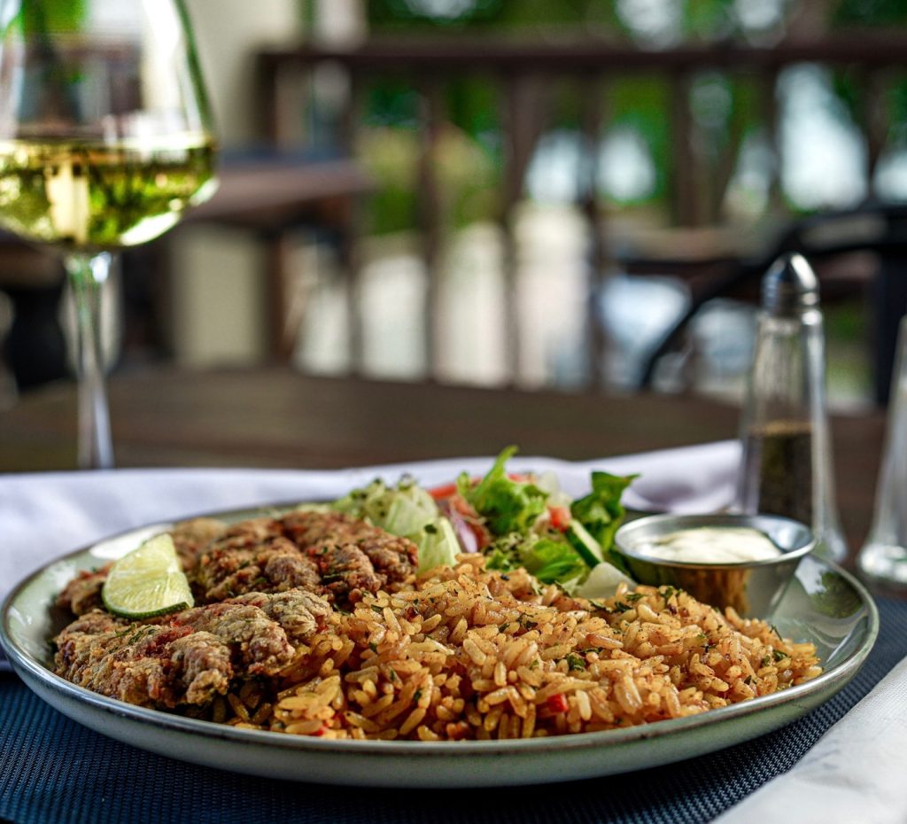 steak and rice meal looking over view