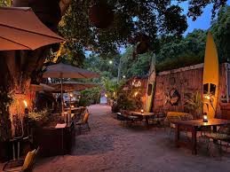 La Cabana at night time with tropical trees over the seating area